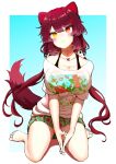  1girl animal_ears bangs barefoot breasts brown_hair choker cleavage collarbone dog_ears dog_girl dog_hair_ornament hair_ornament heterochromia highres inui_toko kouno_torisuke large_breasts long_hair low_twintails nijisanji off-shoulder_shirt off_shoulder official_alternate_costume own_hands_together print_shirt red_eyes shirt sitting solo twintails very_long_hair virtual_youtuber white_choker white_shirt yellow_eyes 