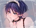  1boy anonymous_12f blue_eyes blue_hair choker closed_mouth crossdressing gem genshin_impact gloves hand_on_own_face looking_to_the_side maid_headdress male_focus otoko_no_ko scaramouche_(genshin_impact) white_gloves 