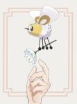  1other commentary_request cutiefly fingernails flower flying framed from_side grey_background hagi_753 highres holding holding_flower outstretched_hand pokemon pokemon_(creature) white_flower 
