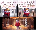  anthro autumn beanie black_and_white_fur clothing cold domestic_cat dot_eyes eyes_closed felid feline felis glassshine hat headgear headwear hoodie humor leaf leaves_on_ground male mammal nature plant scarf smile snow solo sweater thinking thought_bubble topwear tree 