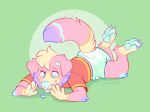 2023 anthro arthropod belly bird_dog blonde_hair blue_body blue_eyes blue_fur blue_nose blue_pawpads blue_tail canid canine canis claws clean_diaper clothing diaper domestic_dog dracky female fur fur_markings fur_pattern gold_shirt green_background green_diaper green_eyelids green_inner_ear green_inner_ear_fluff green_tongue hair hi_res hunting_dog inner_ear_fluff labrador legs_up looking_down lying lying_on_ground mammal markings multi_tone_tail multicolored_body multicolored_face multicolored_fur multicolored_head multicolored_tail on_front on_ground padding pattern_diaper pawpads paws pink_arms pink_body pink_ears pink_fur pink_head pink_legs pink_tail purple_body purple_claws purple_fur red_clothing red_shirt red_topwear retriever shadow shirt signature simple_background solo tail tail_motion tailwag tongue topwear tuft tulip_(shifty) two_tone_diaper white_diaper white_sclera yellow_belly yellow_body yellow_fur yellow_hands yellow_paws yellow_tail yellow_tuft