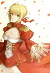  1girl bangs blonde_hair breasts cleavage dress fate/grand_order fate_(series) green_eyes highres minoe08 nero_claudius_(fate) red_dress red_nails simple_background white_background 