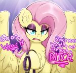  absurd_res collar czu equid equine eyeshadow feathers female feral fluttershy_(mlp) friendship_is_magic hair hasbro hi_res leash makeup mammal my_little_pony pegasus pink_hair profanity solo wings yellow_body yellow_feathers 