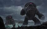  3boys absurdres acguy artist_name claws commentary english_commentary gundam highres icemarv14 legs_apart lightning mecha mecha_focus mobile_suit mobile_suit_gundam mountain multiple_boys ocean one-eyed outdoors overcast partially_submerged purple_eyes rain realistic robot science_fiction sky standing wading water z&#039;gok zeon 