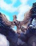 2022 ambiguous_gender avian claws day detailed_background digital_media_(artwork) feathered_wings feathers feral fur gryphon hi_res mythological_avian mythology outside sky solo thecatnamedfish wings 