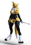  anthro bandai_namco bbdworks blue_eyes clothing digimon digimon_(species) female gloves handwear hi_res humanoid latex latex_gloves latex_legwear lipstick makeup mistress renamon riding_crop solo whip yellow_body 