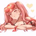  1girl bangs bikini breasts cleavage eyewear_on_head fire_emblem fire_emblem:_three_houses fire_emblem_heroes hilda_valentine_goneril long_hair medium_breasts nail_polish official_alternate_costume pink_bikini pink_eyes pink_hair pink_nails solo sunglasses swimsuit tomi_(sooon103) twintails upper_body 