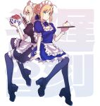  2girls ahoge alternate_costume apron artoria_pendragon_(fate) back-to-back blonde_hair blue_eyes cake chopsticks eating enmaided fate/stay_night fate_(series) food gyuudon highres maid maid_apron maid_headdress multiple_girls saber saber_alter shayubi thighhighs wrist_cuffs yellow_eyes 