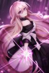  1girl bare_shoulders black_survival blonde_hair dress eternal_return:_black_survival eva_(black_survival) highres long_hair looking_at_viewer looking_to_the_side mar1neor3 open_mouth outstretched_hand pink_eyes solo tagme very_long_hair white_dress 