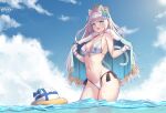  1girl absurdres animal_ears aqua_bow aqua_eyes artist_name bangs bikini bow breasts cat_ears cat_girl cat_tail cleavage cloud crown day fur_trim gloves hair_bow hands_up highres kuromori_(1010845110) light_blush long_hair looking_at_viewer medium_breasts multi-strapped_bikini_bottom navel open_mouth original pixiv_id side-tie_bikini sky solo standing swimsuit tail twitter_username wading water watermark wet white_gloves white_hair 