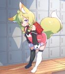  1girl ahoge animal_ear_fluff animal_ears asymmetrical_legwear backpack bag bell black_legwear black_sleeves black_sweater blue_eyes braid detached_sleeves done_(donezumi) dress eyebrows fox_ears fox_girl fox_tail green_hair hair_ornament hairclip highres indoors jingle_bell leaning_forward locker long_hair mismatched_legwear no_shoes open_mouth original randoseru red_dress short_dress smile solo strap_slip sundress sweater tail thighhighs toes turtleneck turtleneck_sweater twin_braids twintails white_legwear 