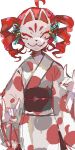  1girl ahoge double_fox_shadow_puppet drill_hair ebi834 facing_viewer fox_mask fox_shadow_puppet japanese_clothes kasane_teto kimono long_sleeves mask obi red_hair red_nails sash short_hair simple_background solo twin_drills upper_body utau white_background white_kimono wide_sleeves 