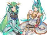  2girls armlet bracelet bracer breasts chest_jewel company_connection crossover dress green_eyes green_hair highres jewelry kid_icarus kid_icarus_uprising large_breasts long_hair multiple_girls nintendo palutena pneuma_(xenoblade) ponytail single_thighhigh strapless strapless_dress thighhighs tiara trait_connection very_long_hair white_legwear xenoblade_chronicles_(series) xenoblade_chronicles_2 yasaikakiage 