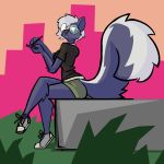  2022 annoyed anthro aygee black_clothing black_shirt black_topwear bottomwear breasts clothing digital_media_(artwork) eyewear female footwear glasses hair holding_object looking_at_viewer mammal mephitid outside round_glasses shirt shoes shorts side_view sitting skunk solo topwear white_hair 