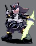  1boy alternate_costume black_dress black_footwear crossed_arms dress enmaided full_body furry furry_male gareki_sh gloves grey_background gun handgun holding holding_gun holding_weapon maid maid_headdress shadow_the_hedgehog simple_background solo sonic_(series) standing weapon white_gloves 