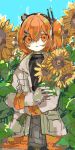  1girl a.i._voice adachi_rei black_shirt coat ebi834 field flower flower_field gloves grey_skirt hair_between_eyes hair_ornament hairband hairclip holding holding_flower long_sleeves looking_at_viewer open_clothes open_coat orange_eyes orange_hair outdoors shirt short_hair side_ponytail skirt solo standing sunflower sunflower_field upper_body utau white_gloves 
