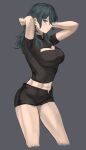  1girl abs absurdres black_shirt black_shorts blue_eyes blue_hair breasts bustier byleth_(fire_emblem) byleth_(fire_emblem)_(female) cleavage cleavage_cutout clothing_cutout cropped_legs fire_emblem hand_in_own_hair highres large_breasts medium_hair midriff navel shirt short_sleeves shorts simple_background solo zuzu_(ywpd8853) 