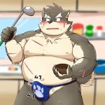  anthro asian_clothing belly blush bulge canid canine canis clothed clothing domestic_dog east_asian_clothing embarrassed erection erection_under_clothing fundoshi hi_res japanese_clothing kitchen_utensils ladle lifewonders male mammal mohumohudansi moritaka musclegut navel nipples pecs tenting tokyo_afterschool_summoners tools underwear video_games 