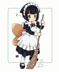  1girl alternate_costume animal_ears apron bangs black_dress black_footwear black_hair bow broom brown_eyes closed_mouth collared_dress commentary_request dress eighth_note enmaided eyebrows_behind_hair fox_ears fox_girl fox_tail frilled_apron frills full_body holding holding_broom juliet_sleeves kitsune kukuri_(mawaru) long_sleeves maid maid_headdress mawaru_(mawaru) musical_note original pantyhose puffy_sleeves red_bow shoes short_hair smile solo standing sweeping tail thick_eyebrows white_apron white_background white_legwear 