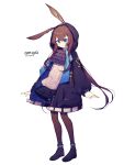  1girl amiya_(arknights) animal_ears ankleband arknights ascot black_footwear black_legwear blue_ascot blue_eyes blue_skirt brown_hair character_name copyright_name cot_(co2cotton) full_body highres hood hood_up hooded_jacket jacket jewelry light_blush long_hair looking_at_viewer multiple_rings pantyhose plaid plaid_skirt ponytail rabbit_ears ring shirt shoes sidelocks simple_background skirt solo tachi-e thigh_strap white_background white_shirt 