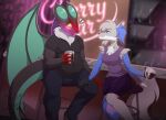  anthro bar blush bottomwear braixen canid canine clothed clothing container cup dragon drinking_glass duo emanata female flirting fully_clothed glass glass_container glass_cup hand_on_leg inner_ear_fluff male mammal membrane_(anatomy) membranous_wings neck_tuft nintendo noivern overweight overweight_anthro overweight_male pants pok&eacute;mon pok&eacute;mon_(species) shirt skirt topwear tuft v7eemx video_games wine_glass wings 