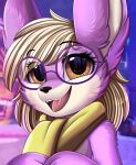  2022 blurred_background eyewear female feral fur glasses hi_res lagomorph leporid looking_at_viewer mammal multicolored_body multicolored_fur open_mouth pridark rabbit scarf snow solo two_tone_body two_tone_fur 