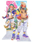  1boy 1girl abs absurdres apex_legends bare_pectorals blue_headwear cat_ear_headphones commission crop_top crypto_(apex_legends) drone english_commentary flower hack_(apex_legends) headphones highres hype_beast_crypto jacket lila_(lilakeylk) looking_to_the_side midriff navel official_alternate_costume one_eye_closed open_clothes open_jacket pants parted_lips pectorals petals pink_flower ponytail purple_footwear purple_lips shirt shoes sky smile sneakers sunglasses thigh_strap thighhighs thunder_kitty_wattson visor_cap wattson_(apex_legends) white_legwear white_pants white_shirt yellow_jacket 