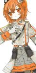  1girl a.i._voice adachi_rei belt blush_stickers buttons closed_mouth cosplay double-breasted ebi834 flat_chest gloves grey_shorts hand_on_own_chest kasane_teto kasane_teto_(cosplay) kasane_teto_(sv) long_sleeves looking_at_viewer orange_eyes orange_hair pouch short_hair shorts side_ponytail simple_background skirt smile solo synthesizer_v utau white_background white_gloves white_skirt 