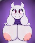 big_breasts bovid breasts caprine clothed clothing clothing_lift embarrassed euphorica female goat hi_res looking_at_viewer mammal nipples presenting purple_clothing solo toriel undertale_(series) 