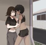  2girls after_kiss black_hair black_shirt black_shorts black_tank_top blush brown_eyes brown_hair collarbone commentary dark-skinned_female dark_skin downspout english_commentary eye_contact freckles grass grey_pants hand_on_another&#039;s_chin hand_on_another&#039;s_stomach hiwonoafu looking_at_another midriff multiple_girls navel open_mouth original pants saliva saliva_trail shadow shirt short_hair short_shorts short_sleeves shorts smile tank_top tomboy yuri 