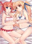  2girls bikini blonde_hair blue_eyes blush couple eye_contact fate_testarossa hair_ribbon happy highres holding_hands interlocked_fingers long_hair looking_at_another lyrical_nanoha mahou_shoujo_lyrical_nanoha medium_hair multiple_girls open_mouth orange_hair red_eyes ribbon short_twintails skywalker0610 smile swimsuit takamachi_nanoha twintails yuri 