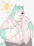  2022 anthro belly big_belly black_nose blush bottomwear canid canine canis clothing domestic_dog green_body hi_res kemono male mammal overweight overweight_male pommn_mn shirt shorts solo sun topwear 