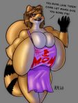  2020 anthro apron apron_only big_breasts black_body black_fur black_lips black_nose breast_squish breasts brown_hair clothing curvy_figure dialogue english_text exclamation_point female fluffy fluffy_tail fur gloves_(marking) green_eyes hair hi_res hourglass_figure huge_breasts hyper hyper_breasts lips mama_panda markings mostly_nude multicolored_body multicolored_fur muscular muscular_anthro muscular_female orange_body orange_fur pinup pose rapidpanda_(artist) ring_(marking) ringtail sharp_teeth solo squish tail_markings teeth text two_tone_body two_tone_fur white_body white_fur wide_hips 