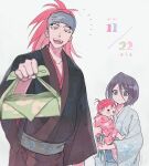  abarai_ichika abarai_renji baby black_hair bleach carrying child_carry family floral_print hair_between_eyes hair_bobbles hair_ornament headband holding japanese_clothes kimono kuchiki_rukia long_hair long_sleeves okihana open_mouth pink_kimono purple_eyes red_hair short_hair teeth upper_body upper_teeth yukata 