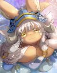 1other :3 absurdres animal_ears animal_hands baggy_pants blue_headwear blue_pants blurry brown_fur closed_mouth commentary_request depth_of_field eyebrows_visible_through_hair fur_(clothing) furry helmet highres horizontal_pupils looking_at_viewer made_in_abyss multiple_sources nanachi_(made_in_abyss) neru5572_(onerumaster) other_focus own_hands_together pants pouch short_hair_with_long_locks smile solo tail whiskers white_hair yellow_eyes 