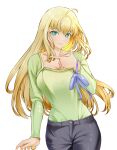  1girl absurdres ahoge alternate_costume alternate_hairstyle artoria_pendragon_(fate) black_pants blonde_hair blue_bow blue_ribbon bow breasts collarbone faceless7078 fate/grand_order fate/stay_night fate_(series) green_eyes green_shirt highres holding holding_bow holding_ribbon long_hair medium_breasts pants ribbon saber shirt solo 
