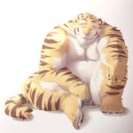  2022 absurd_res anthro belly big_belly bulge eyes_closed felid hi_res humanoid_hands kemono male mammal meimei_kia overweight overweight_male pantherine pink_nose simple_background sitting solo tiger white_body yellow_body 