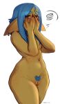  4_fingers absurd_res blue_hair breasts ear_piercing embarrassed female fingers goblin hair hi_res humanoid maewix_(artist) piercing short_stack small_breasts solo 
