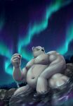  2022 absurd_res anthro aurora_borealis belly big_belly black_nose detailed_background eyewear fur glasses guadr hi_res humanoid_hands kemono leib_(tas) lifewonders male mammal moobs navel nipples outside overweight overweight_male polar_bear sitting solo tokyo_afterschool_summoners ursid ursine video_games water white_body white_fur 