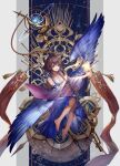  1girl barefoot blue_eyes breasts brown_hair commentary detached_sleeves final_fantasy final_fantasy_x full_body green_eyes hakama hakama_skirt heterochromia holding japanese_clothes jewelry necklace open_mouth sasanomesi short_hair skirt smile solo staff wings yuna_(ff10) 