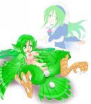  1girl animal_ears azenmei bangs before_and_after bird_ears bird_legs bird_tail blush breasts commentary_request cross cross_necklace crying egg egg_laying feathered_wings green_eyes green_hair green_wings hair_between_eyes harpy jewelry large_breasts long_hair monster_girl monsterification multiple_views necklace nipples open_mouth original pregnant pussy school_uniform serafuku simple_background tail tail_feathers talons white_background winged_arms wings 