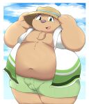  2022 anthro belly big_belly bottomwear bulge clothed clothing green_eyes hat headgear headwear hi_res hoodie inigo_(kusosensei) kemono kusosensei male mammal moobs obese obese_male open_clothing open_hoodie open_topwear overweight overweight_male shorts solo topwear ursid 