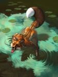  2022 5_fingers anthro canid canine fingers fox hibbary lily_pad male mammal nude open_mouth partially_submerged plant solo tongue tongue_out water 