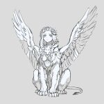  1girl animal_ears bird_wings braid claws feathered_wings flower full_body grey_background greyscale hair_over_shoulder head_wreath human_head lion_ears lion_tail long_hair looking_at_viewer monochrome monster_girl original side_braids sitting solo sphinx tail wings yuzu_shio 