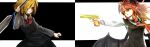  2girls :o aiming ascot bat_wings black_background black_dress black_vest blonde_hair blood blood_on_weapon checkered_background collared_shirt commentary_request desert_eagle dress dress_shirt finger_on_trigger futatsuki_eru golden_gun grand_theft_auto gun hair_between_eyes hair_over_one_eye handgun head_wings highres holding holding_gun holding_weapon koakuma long_hair long_sleeves looking_at_another looking_to_the_side multiple_girls necktie pointy_ears red_ascot red_eyes red_hair red_necktie rumia shirt simple_background touhou upper_body vest weapon white_background white_shirt wings 