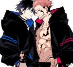  2boys abs aocvoooo black_hair black_nails black_pants blue_eyes chest_tattoo collar commentary_request extra_eyes facial_tattoo fushiguro_megumi hand_in_pocket hand_on_another&#039;s_hip hood hood_down jujutsu_kaisen long_sleeves looking_at_viewer male_focus multiple_boys muscular muscular_male neck_tattoo nipples no_shirt pants pectorals pink_hair red_eyes ryoumen_sukuna_(jujutsu_kaisen) short_hair simple_background smile spiked_hair stomach_tattoo tattoo two-tone_hoodie undercut upper_body veins veiny_hands white_background yaoi 