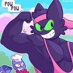  1:1 2022 :3 anthro black_body black_fur blush bodily_fluids bottomwear cartoon_network clothed clothing cloud digital_media_(artwork) domestic_cat felid feline felis fizzyjay flexing fur green_eyes group hi_res male mammal mao_mao:_heroes_of_pure_heart muscular muscular_anthro muscular_male ol&#039;_blue outside pantherine pecs rhett_the_chef sheriff_mao_mao_mao shirt sky solo tank_top topwear trio 