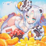  1girl animal_ears bangs bear bear_ears bear_paws blue_eyes breasts food forehead_jewel fruit highres kurobuta_gekkan lace-trimmed_legwear lace_trim light_blush looking_at_viewer lying on_side open_mouth orange_(fruit) original polar_bear red_footwear skindentation small_breasts solo thighhighs white_hair white_legwear 