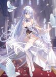  1girl azur_lane bare_shoulders blue_eyes breasts cleavage collar emden_(azur_lane) flower frilled_collar frills hair_ornament highres indoors large_breasts light_blue_hair long_hair miaogujun petals pumps solo standing thighhighs white_bird white_flower white_footwear white_legwear 