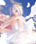  1girl amane_kanata bare_legs blue_eyes closed_mouth dress feathers highres hololive light_blue_hair looking_at_viewer sese_nagi short_hair sitting sky smile virtual_youtuber wings 